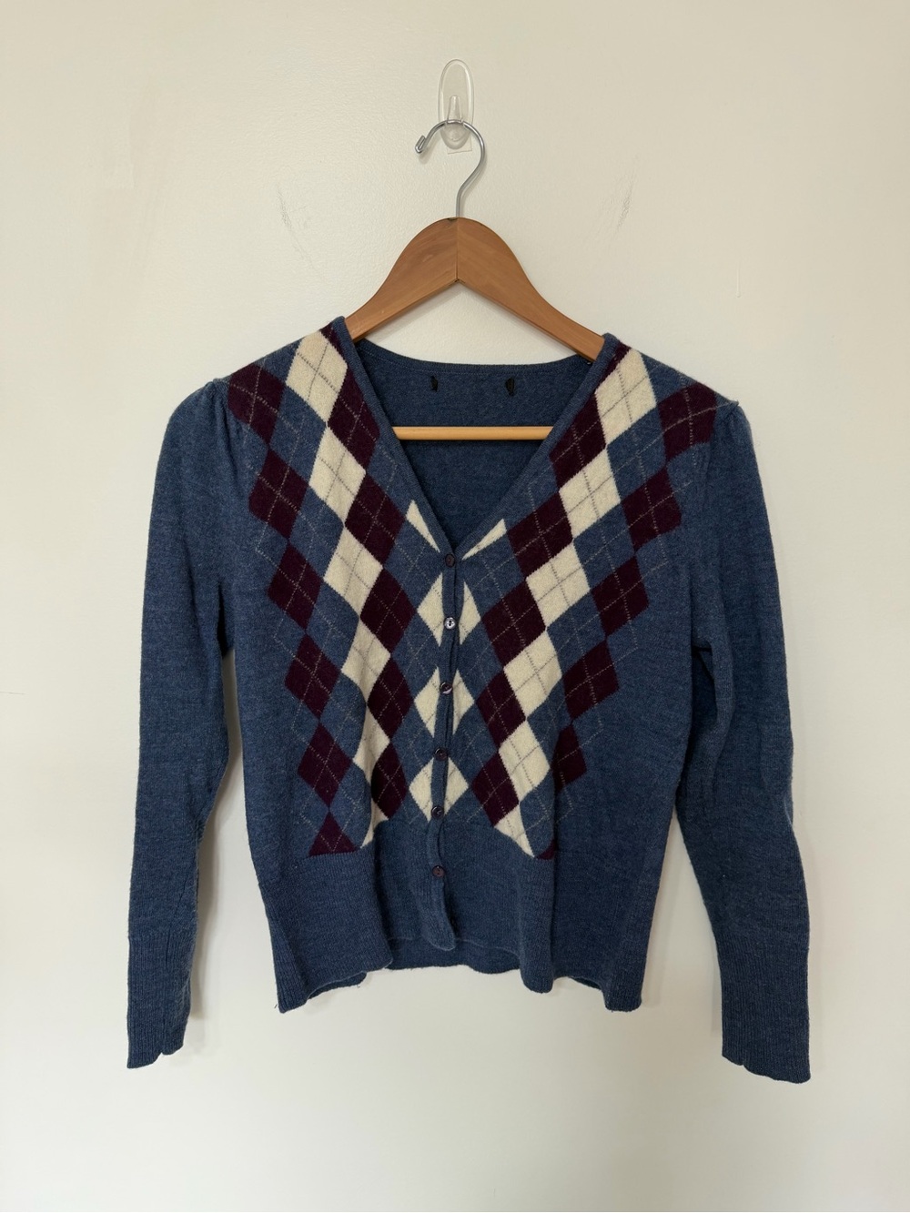 Vintage Wool Blue Burgundy Argyle Cardigan Sweater Preppy Academia Button Front